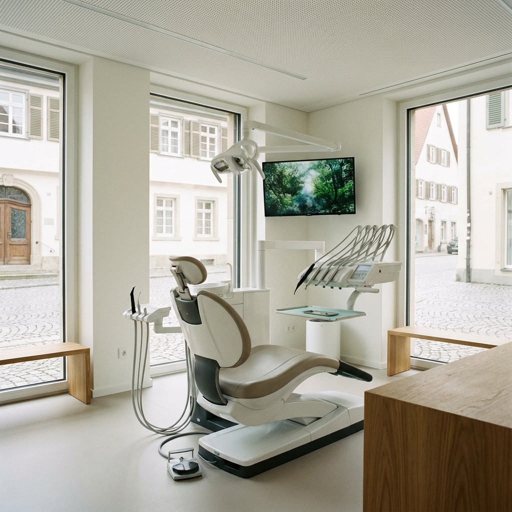 A modern, minimalist dental operatory with a beige and white chair, dental equipment, and a nature scene on a wall-mounted screen, set in a bright room with lar