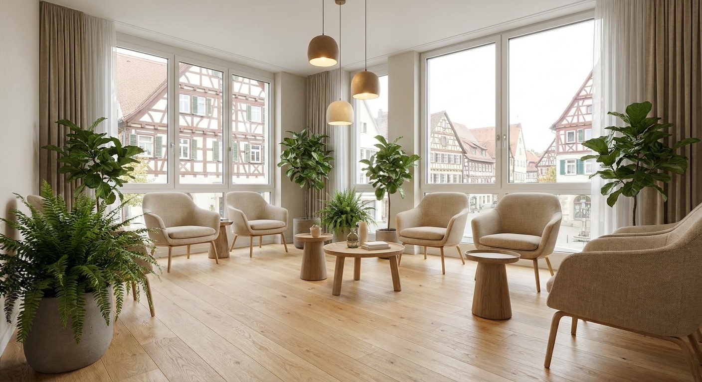 A bright, modern waiting room with comfortable armchairs, lush plants, and large windows overlooking traditional European architecture, rendered in a photoreali